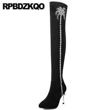 

pointed toe suede slim thigh women boots long big size rhinestone high heel black over the knee diamond stiletto shoes sheepskin