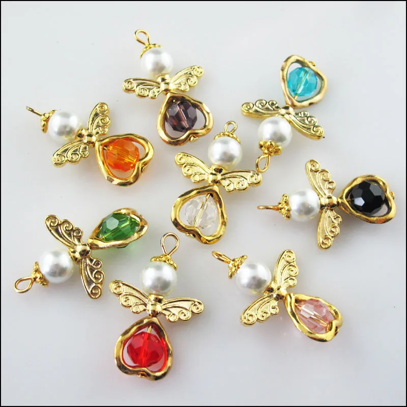 

8 New Charms Dancing Mixed Angel Pendants Gold Color Wings Heart 21.5x33mm