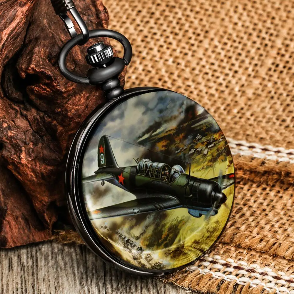 Spitfire Fighter 3D, reloj de bolsillo de cuarzo con impresión de avión de la Segunda Guerra Mundial, cadena de joyería militar, regalos de recuerdo para hombres y mujeres
