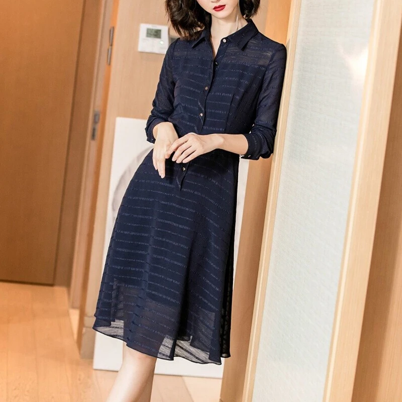 

Ladies new autumn style office Striped shirt dress Long-sleeved turn-down collar chiffon dress casual professional dress