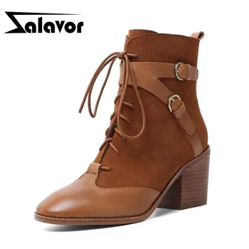 

ZALAVOR Ankle Boots For Women Real Leather Metal Buckle Lace Up Casual High Heel Boots Casual Zipper Short Boots Size 34-43