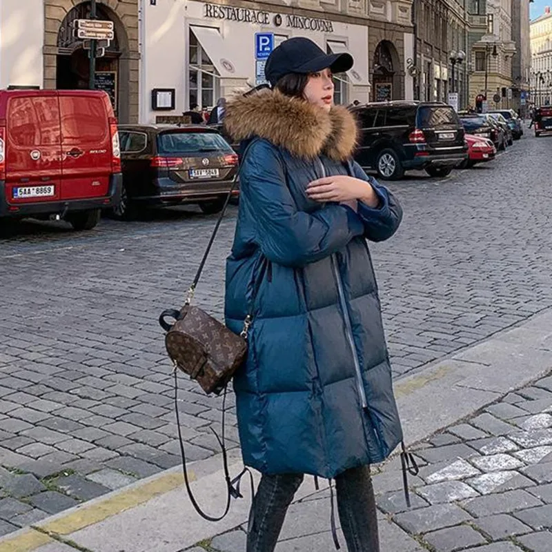 blue Модная осенняя и зимняя новинка, Модное Длинное повседневное хлопковое пальто с капюшоном и большим меховым воротником для женщин PB399 - Цвет: blue