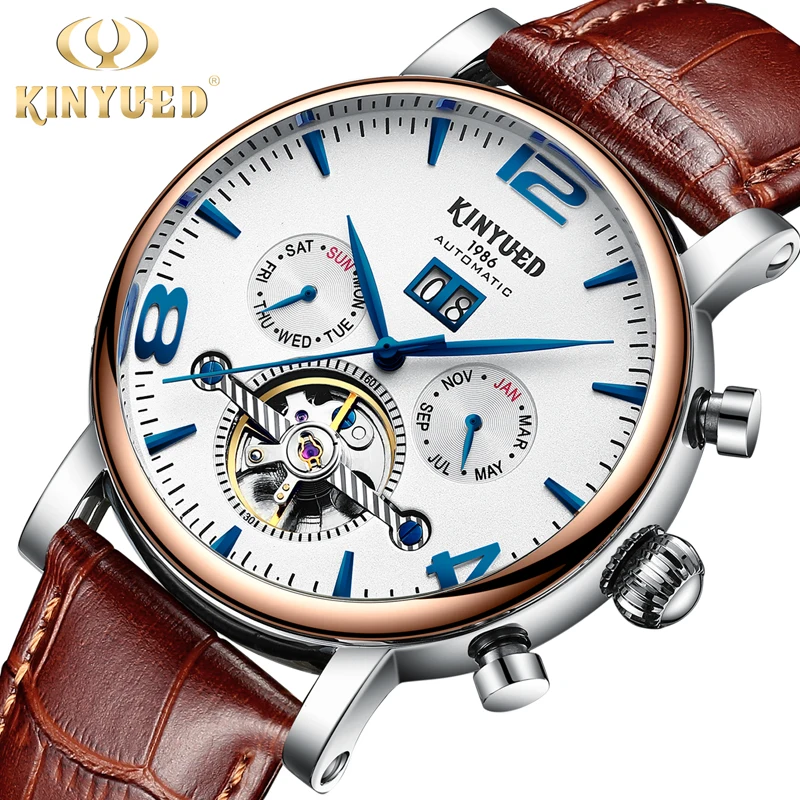 

Rose Gold Men's Automatic Tourbillon Bone Automatic Mechanical Watch Calendar Moon Phase Week Display Top Luxury Brand Watch
