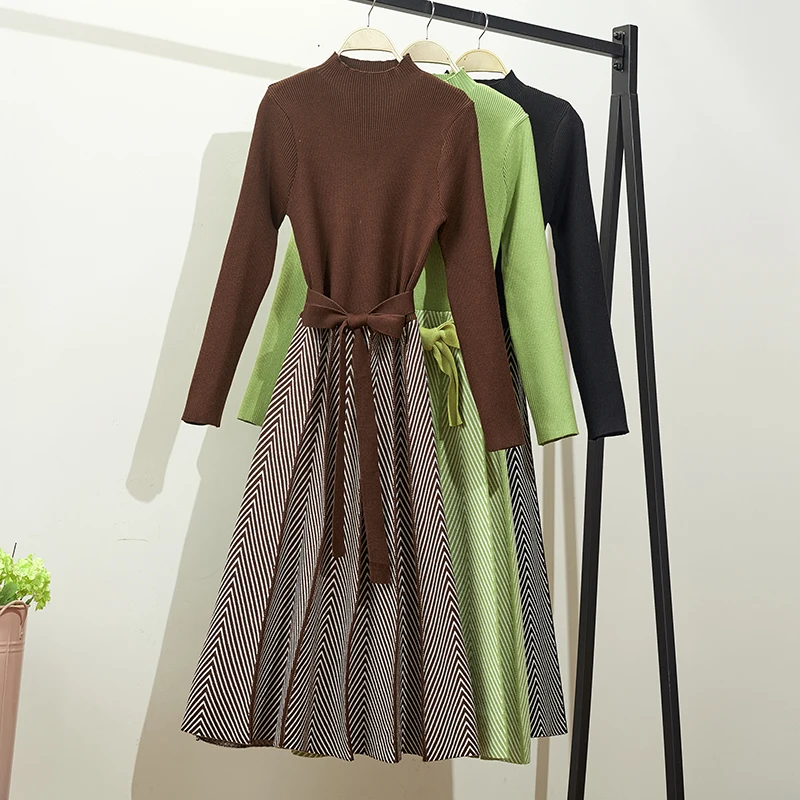 Kaufen ALPHALMODA Hohe Kragen A line Knit Kleid frauen 2019 Neue Verdickt Pfeil Gestreiften Frauen Elegante Schärpen Gestrickte Kleid