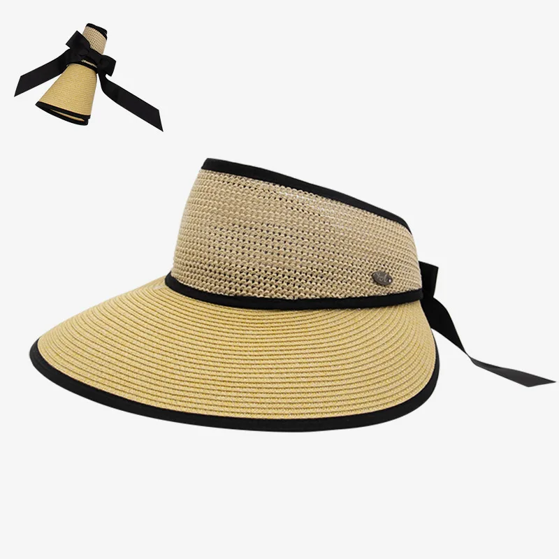 Summer Adjustable Ribbon Empty Top Straw Hats For Women Foldable Wide Large Brim Beach Hat Chapeau Femmeuv Protection Cap