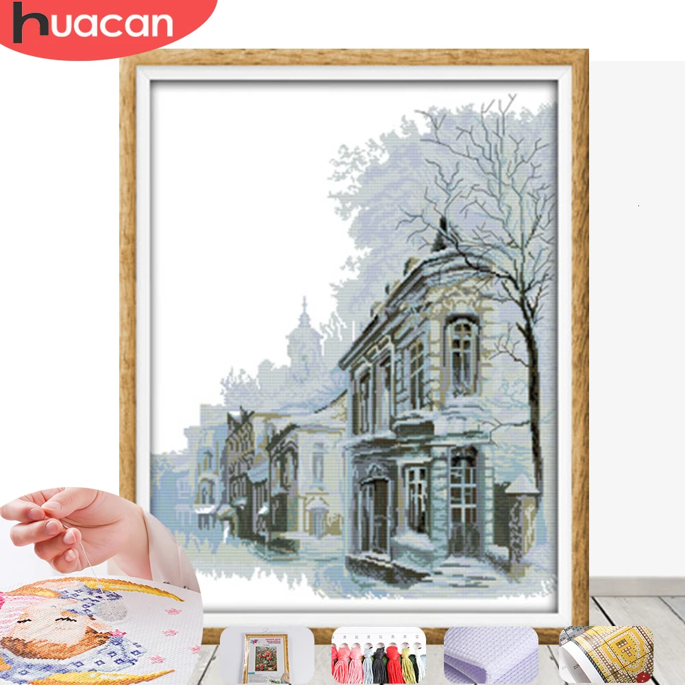 

HUACAN Cross Stitch Embroidery Christmas Scenery Needlework Sets For Full Kits White Canvas DIY Winter Gift Home Decor 14CT