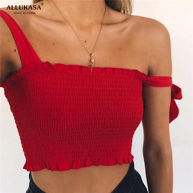 New Summer Autumn Women Tube Crop top Bow Tie Strap Ruched tank