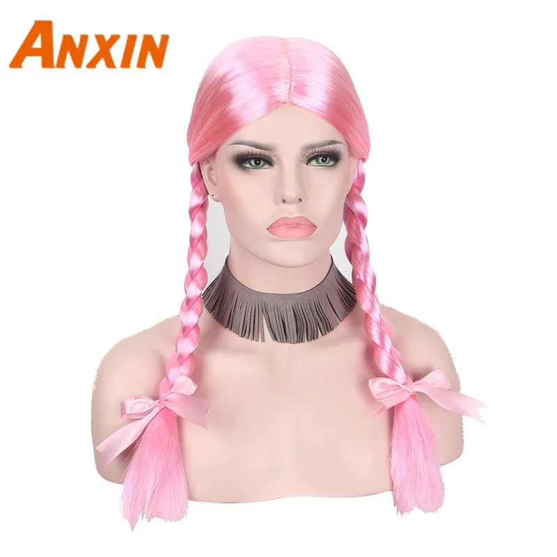 Feminino com Tranças Rabo de Cavalo Anxin Longo Rosa Reta Cosplay Peruca Cabelo Sintético Duplas Ouro Vermelho Brilho