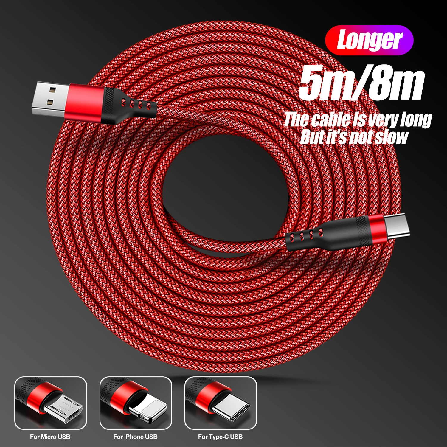 5m/8m Long Charging Cable for Lightning/Type C/USB Micro Durable Nylon Braided Charging Wire for IOS/Android phone Fast Charger