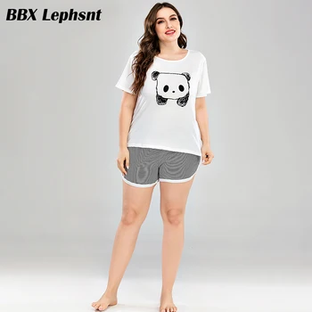 

2020 Sleepwear PJ Set Women Summer short sleeves Lovely Panda Print T-shirt and striped Shorts home suits Casual Pajamas Set