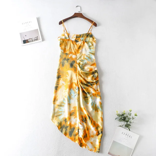 2020 Women Vintage Yellow Tie dye Flower print  Spaghetti Strap Dress Hem Slim Waist Slit Irregular Long Dresses Sling Vestido 4