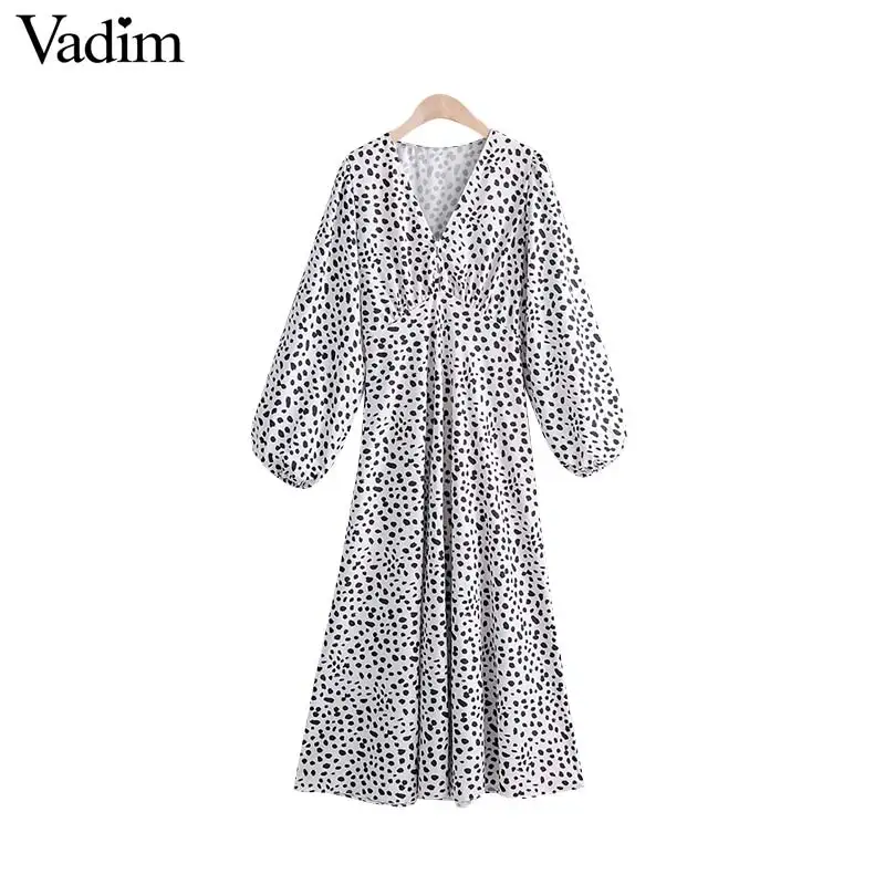 

Vadim women retro print V neck midi dress buttons decorate long lantern sleeve female stylish mid calf dresses vestidos QC659