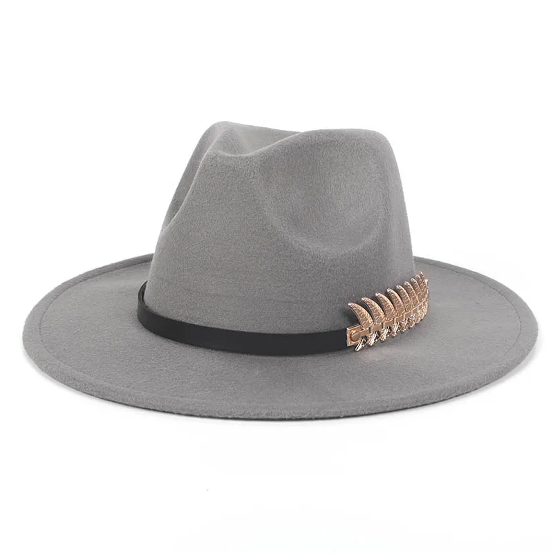 Модная Осенняя зимняя фетровая шляпа с широкими полями для женщин и мужчин с поясом панама джаз шапка Трилби фетровая винтажная шляпа - Цвет: Серый
