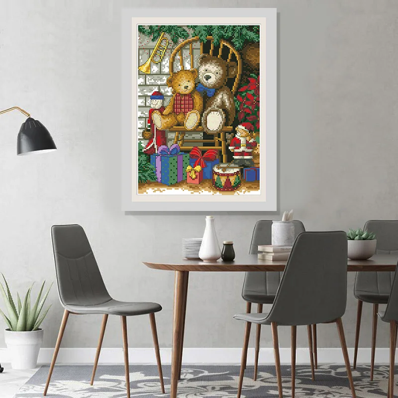 Cross Stitch Kit Counted Christmas Bear Embroidery Painting Needlework Sets 11CT 14CT Unprinted Canvas Diy Craft Home Decoration