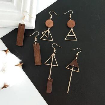 Simple geometric wood triangular asymmetric earrings