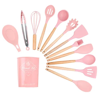 

1PC Pink Color Premium Silicone Cooking Tools Kitchen Utensils Set Wooden Handle Turner Tongs Spatula Soup Spoon Shovel Tray