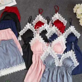 

Two pieces pyjamas women sexy lingerie pijama mujer femme pajama female sexy lounge sets satin & lace sleepwear set