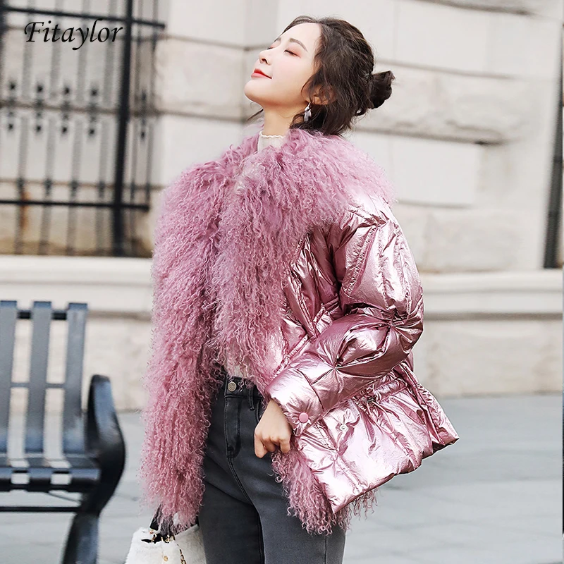 

Women Parka Winter Silver White Duck Down Jacket Glossy 2020 Big Real Fur Collar Pink Blue Warm Parkas Female Short Duck Coats