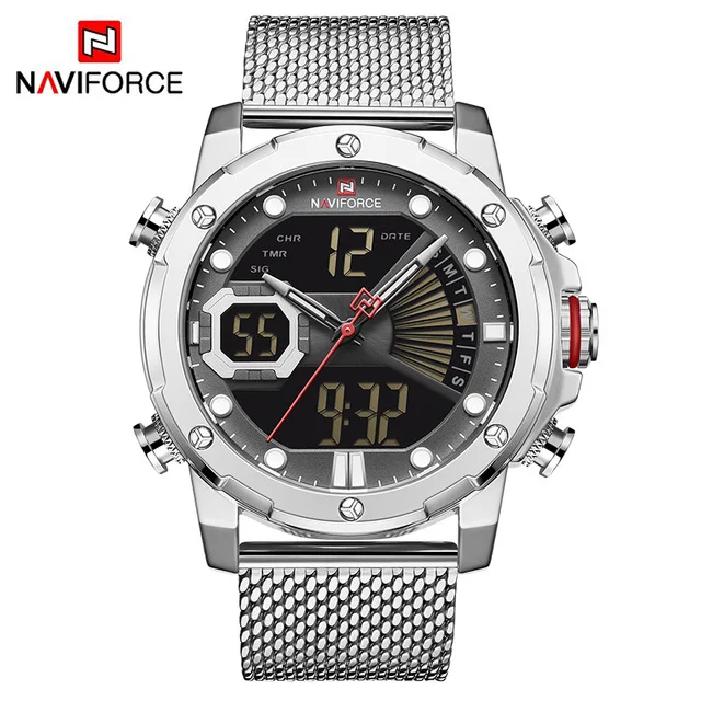 silver NAVIFORCE, Роскошные мужские часы, кварцевые, стальной ремешок, военный, светодиодный, цифровые, спортивные наручные часы, водонепроницаемые часы, Relogio Masculino - Цвет: silver