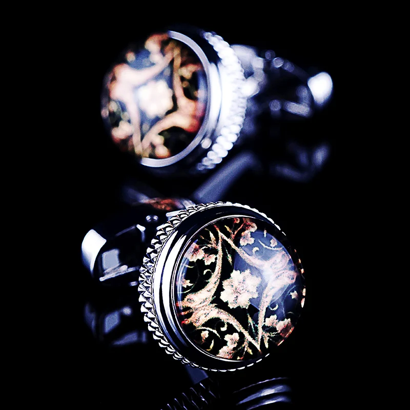 Silver Color Mechanical Back Round Brown Mysterious Pattern High Quality Men Cufflinks  Jewelry for Gift