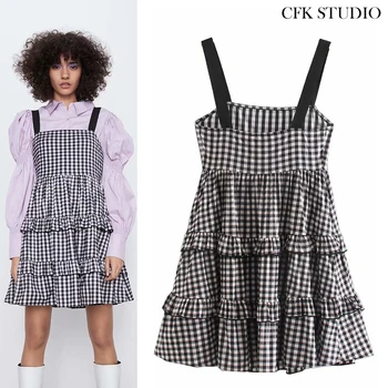 

Za 2020 New Plaid Mini Dress Women Spaghetti Strap Summer Girl Style Black Dress Lady Casual Sexy Short Dress