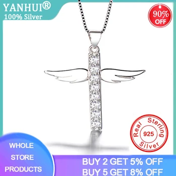 

YANHUI New Fashion Angel Wings Cross Pendants Necklaces With Box Chain 40/45cm Long Womens Silver 925 Necklace Jewelry Gift N369