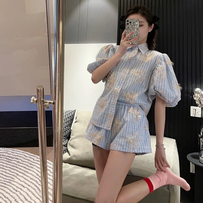 VGH Blue Embroidered Shorts Sets Female Lapel Puff Half Sleeve Shirt Elastic High Waist Short Pant Loose Women's Summer Suit New tracksuit for women