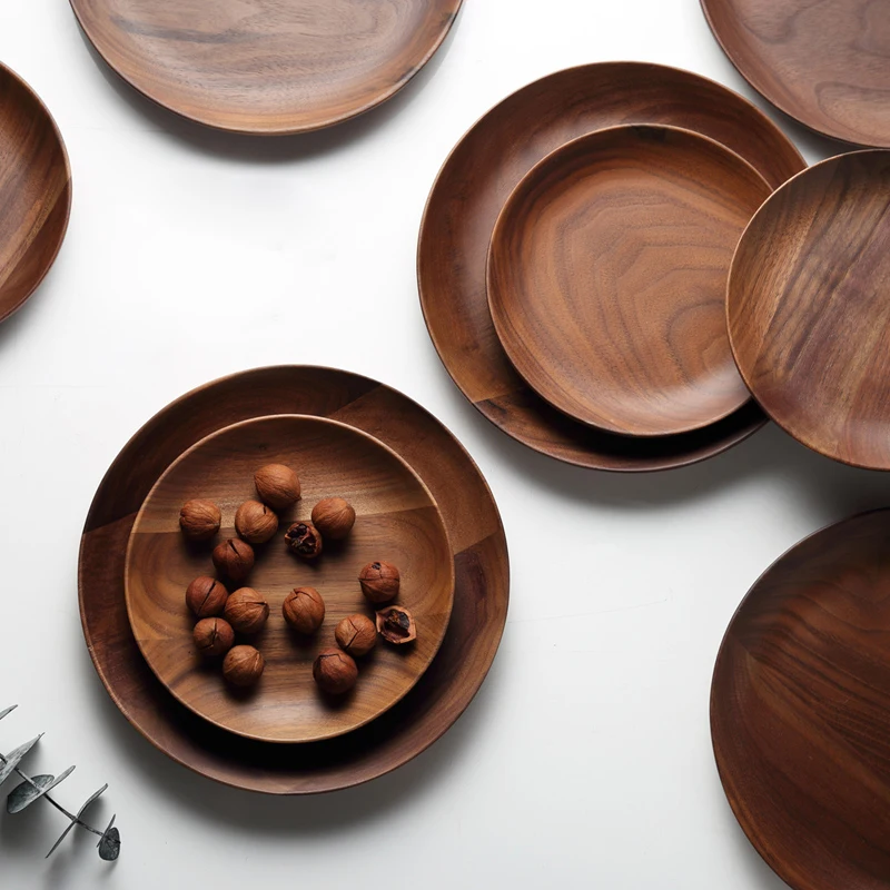 Dia 15cm 20cm Wood Dish Plates Premium Black Walnut Wooden Tableware Dishes Round Cake Dessert Serving Plate Kitchen Utensils (2)