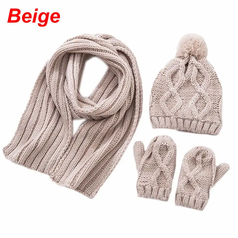 Beige Однотонный детский вязаный шарф, шапка, перчатки, зимние теплые варежки, набор шарфов - Цвет: Beige