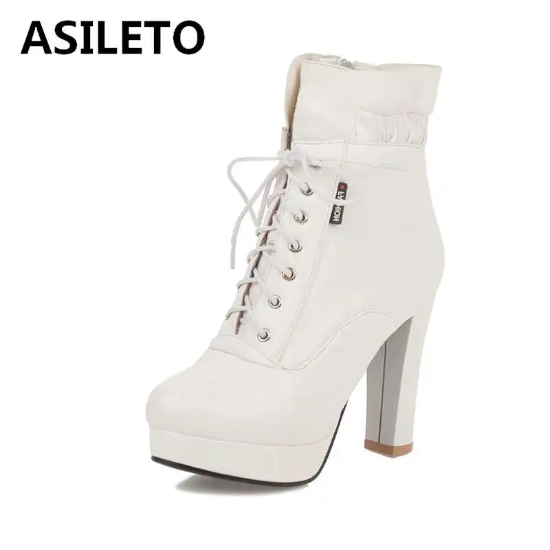 

ASILETO Women Ankle Boots cross tie round Toe Footwear high Heels Female Boot Shoes Woman 2020 platform Booties ruffle bottes