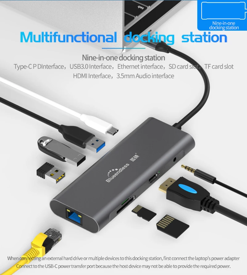 

9 in 1 Type C Laptop Docking Station USB 3.0 HDMI TF LAN PD USB Hub for Macbook Huawei XiaoMi DELL Surface Lenovo Dock