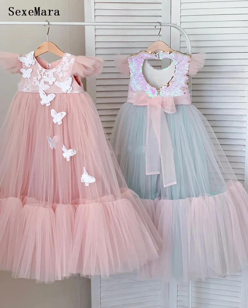 

Puffy Tulle A-Line Flower Girl Dresses Open Back 3D Butterfly Princess Dress Girl Wedding Party Dress Photography