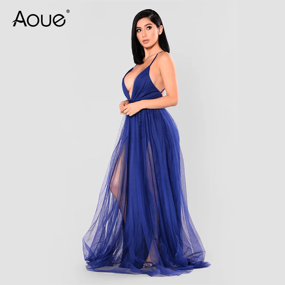

Aoue Evening Prom Dresses Long 2019 Maxi Dress Tulle V Neck Cross Back On The Runway Maxi Dress - Royal Blue