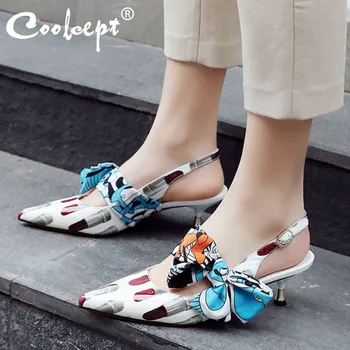 

Coolcept Color Stitching Real Leather Women Sandals Slip On Buckle Bowtie Shoes Women Pointed Toe Casual Footwear Size 34-39