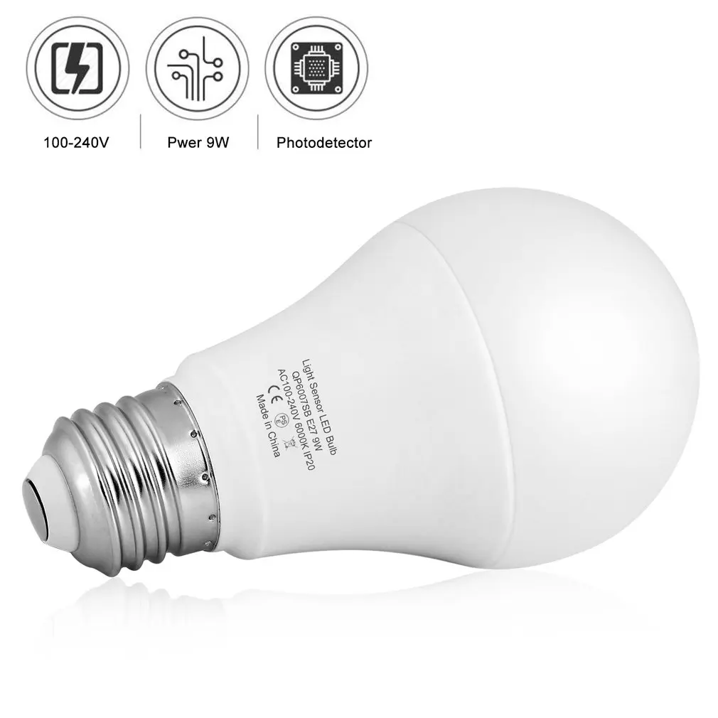 

9W E27 Intelligent Light Sensor LED Bulb 6000K with Auto Switch Sensor Lamp Built-in Photosensor Detection for Indoor Outdoor