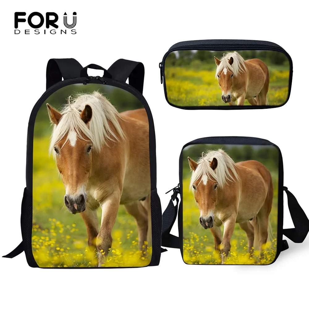 

FORUDESIGNS Children's Shoulder Backpack Flower Horse Pattern Primary School Toddler 3PCs Set Book Bags/Flaps Bags/Pen Bags