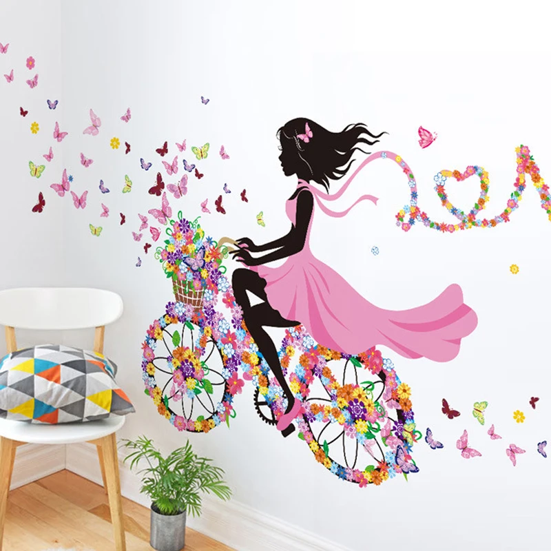 Wall Stickers 3d butterfly bike girl wall sticker home decoration removable flower bicycle wall decal for living room