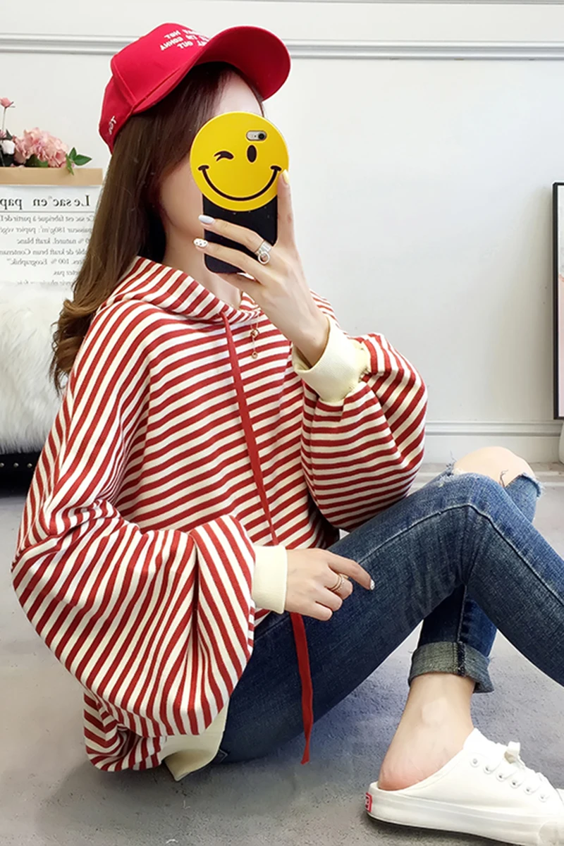HAYBLST бренд женские толстовки осень зима мода полосатый пэчворк Kawaii Свободные топы Плюс Размер XL корейский стиль Женская одежда s