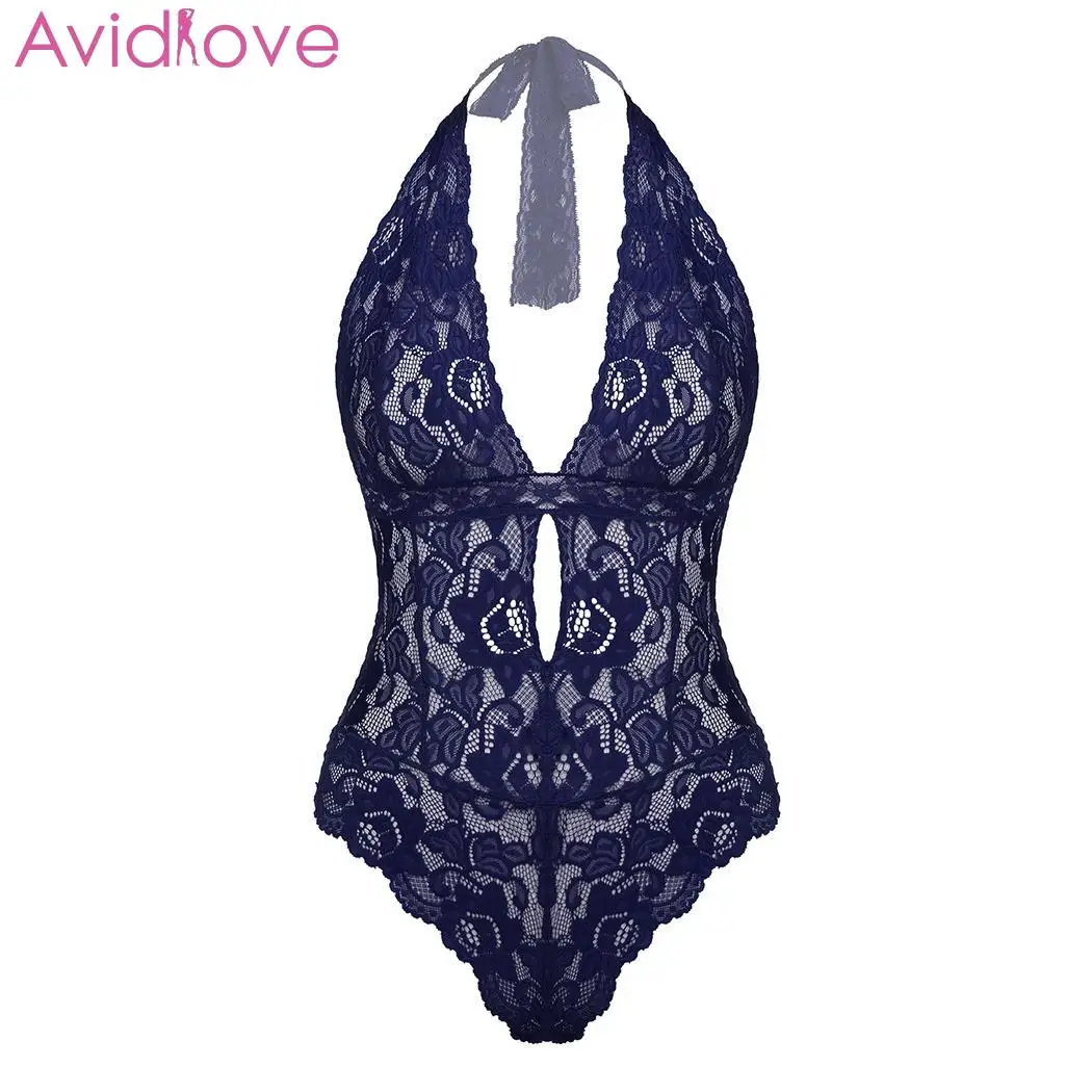 

Women Halter Sexy Lingerie Teddies Bodysuit See-through Floral Lace Backless Teddy One Piece Erotic Underwear Babydoll Pajamas
