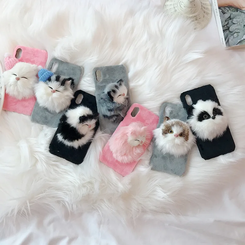 Роскошный мягкий чехол из ТПУ с меховым рисунком 3D кота для iPhone 6 6S AQ