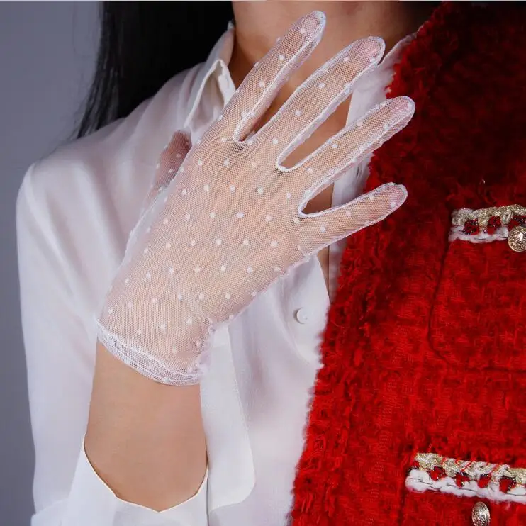 Женские сексуальные прозрачные белые сетчатые перчатки с принтом в горошек, женские летние Вечерние перчатки для танцев R1908