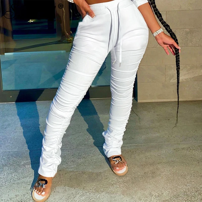 Simenual Casual Solid Skinny Fashion Women Stacked Pants High Waist Ruched Sporty Workout Active Wear Long Trousers Autumn 2020 Simenual Casual Solid Skinny Fashion Women Stacked Pants High Waist Ruched Sporty Workout Active Wear Long Trousers Autumn 2020