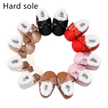 

Baby Girl Winter Plush Booties Sequins Big Bow Warm Baby Shoes Tassel Hard Sole Girls boys Boots Fur Babies Winter cotton Shoes