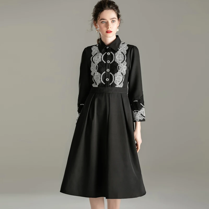 

2020 Women's Runway Dress Turn Down Collar Long Sleeves Embroidery Lace Patchwork Fashion High Street Dress