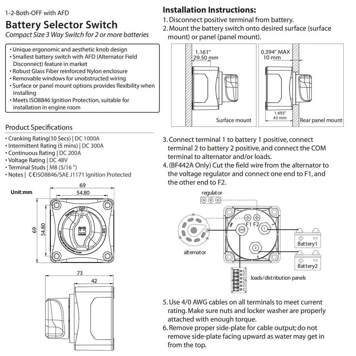 DC48V 200A AFD 4 позиционный переключатель батареи с аксессуарами генератор полевой разъединитель главный выключатель аккумуляторной батареи для лодки RV Морской