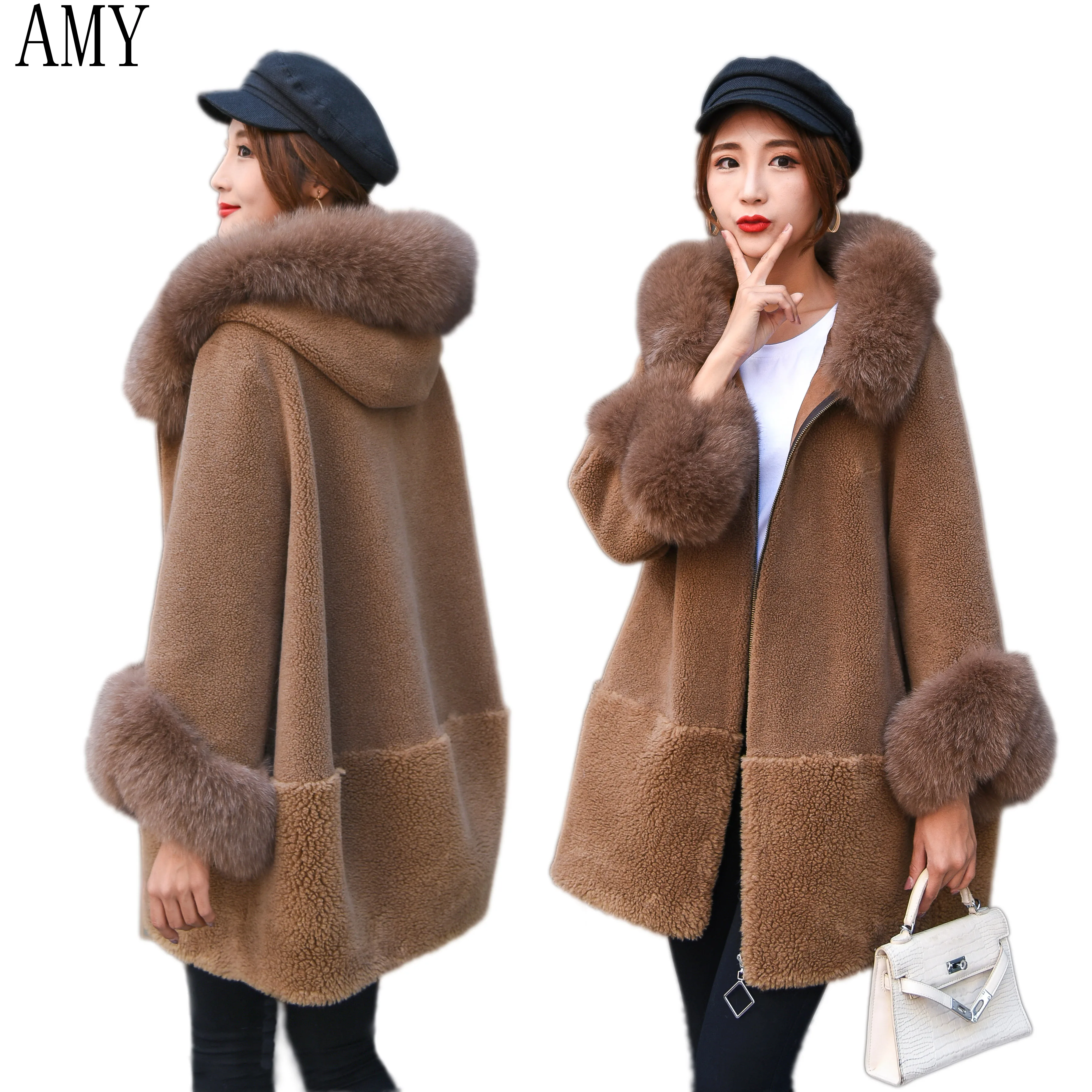 

2020 New Teddy Coat Spring Ladies Faux Fur Coat High-end True Fox Fur Fur-Neck Trim Jacket Women's Hood Edun Coat