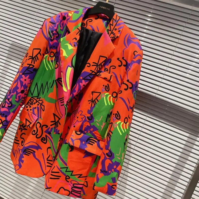 2020 Autumn New Arrival Long Sleeve Nothced Collar Orange Graffiti Printed Slim Blazer Women Coat Streetwear Ladies Suit Jacket