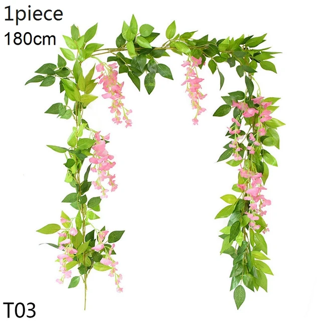 Artificial Flowers Vine Garland Wisteria Silk Artificial Rattan Hanging Flowers Romantic Wedding Arch Decoration Fake Ivy Plants T03-pink-1pcs