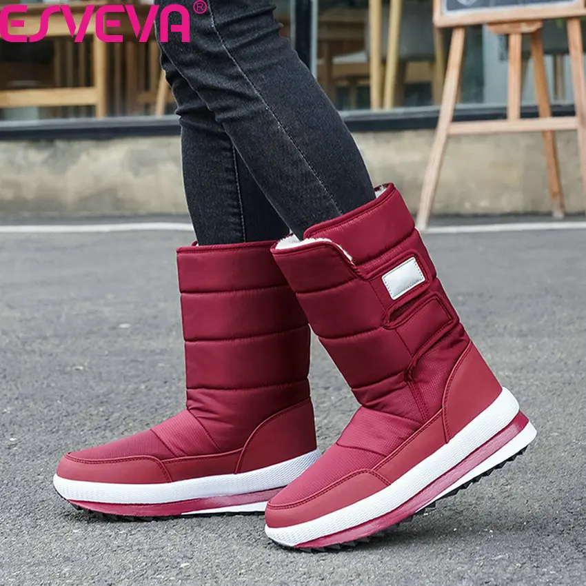 ESVEVA Wedge Heel PU Leather Down Antiskid Women Shoes Winter Warm Fur Round Toe Platform Casual Mid Calf Boots Size 36-41