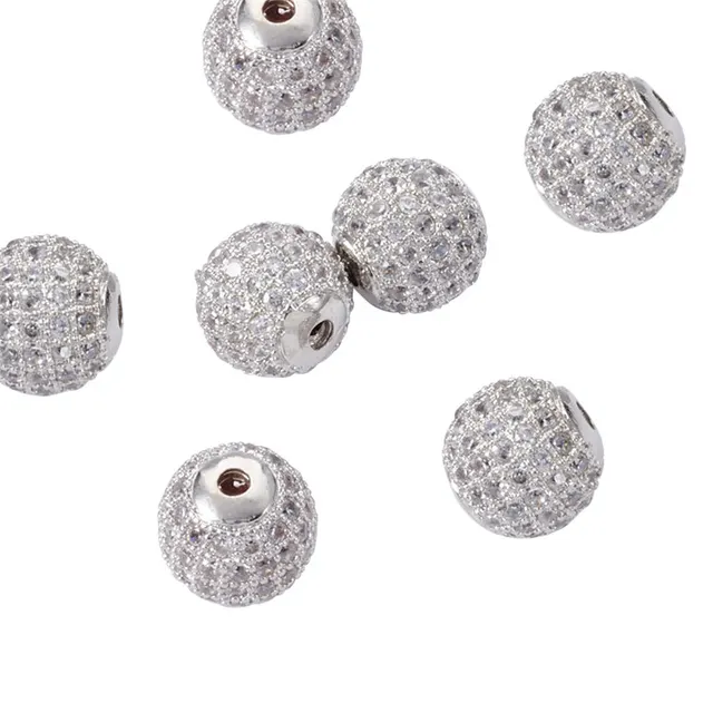 10pcs 6/8/10/12mm Round Brass Ball Pave Cubic Zirconia Charm Bead Metal Rhinestone Bead for Jewelry Making DIY Bracelet Necklace Real Platinum Plated